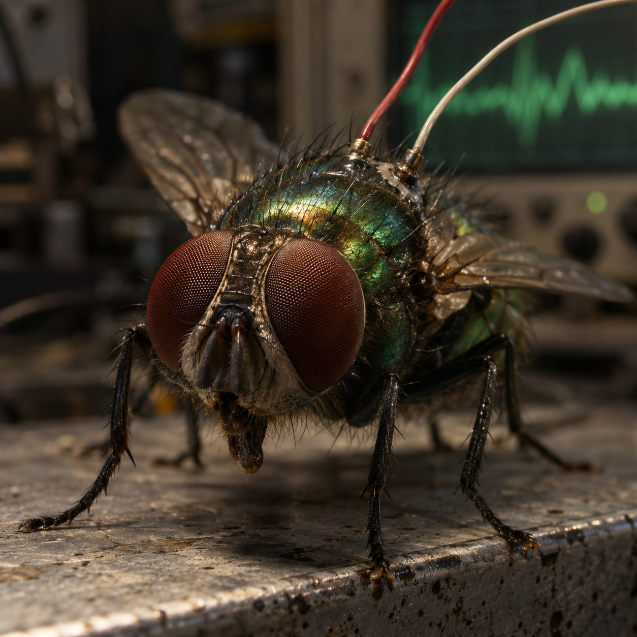 A fly with neural electrodes, emerging from darkness